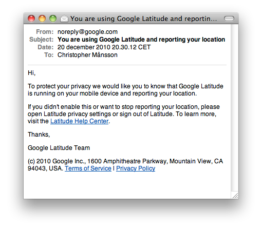 Mail från Google Latitude